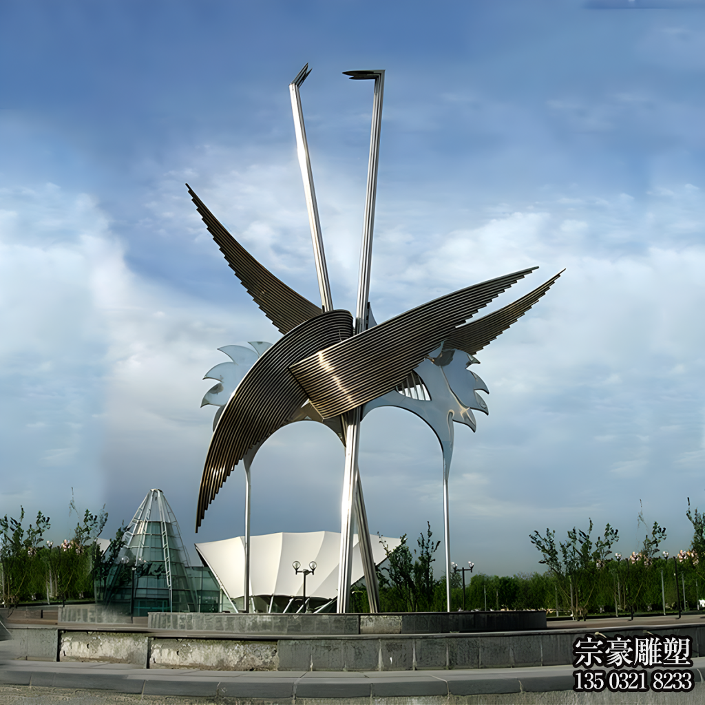不銹鋼抽象仙鶴雕塑，大型戶外景觀動物雕塑
