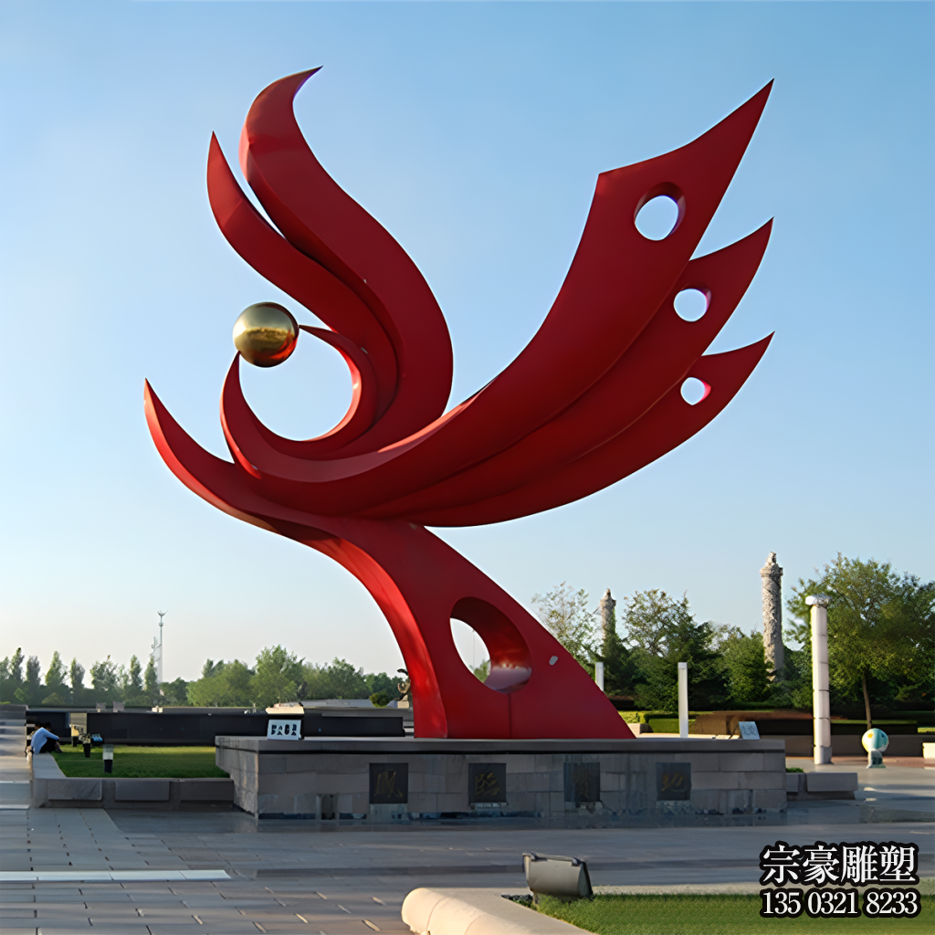 不銹鋼抽象鳳凰雕塑，紅色丹鳳朝陽(yáng)不銹鋼景觀雕塑