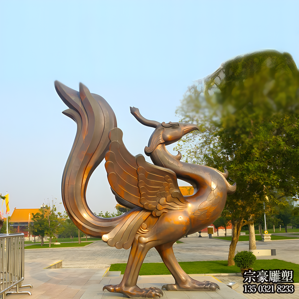 朱雀銅雕，紫銅色鑄銅神獸朱雀雕塑