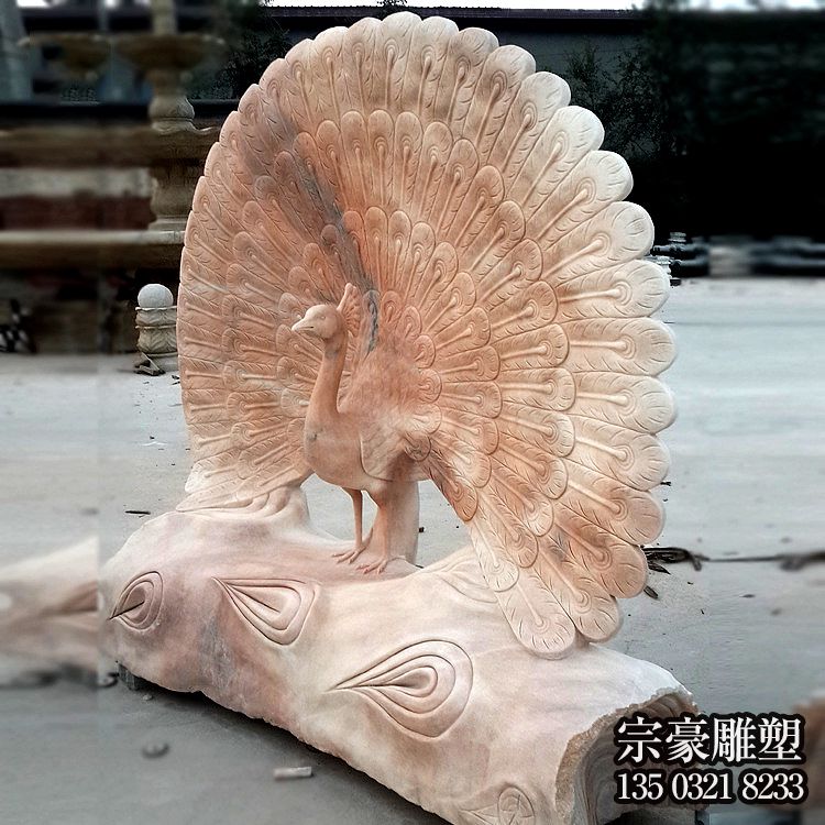 晚霞紅大理石開屏孔雀石雕擺件 晚霞紅大理石開屏孔雀石雕擺件